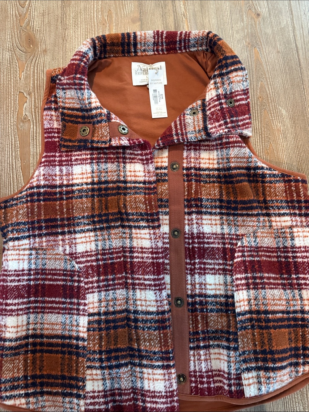 Natural Reflections Plaid Snap-Front Vest - Rust, Burgundy & Navy